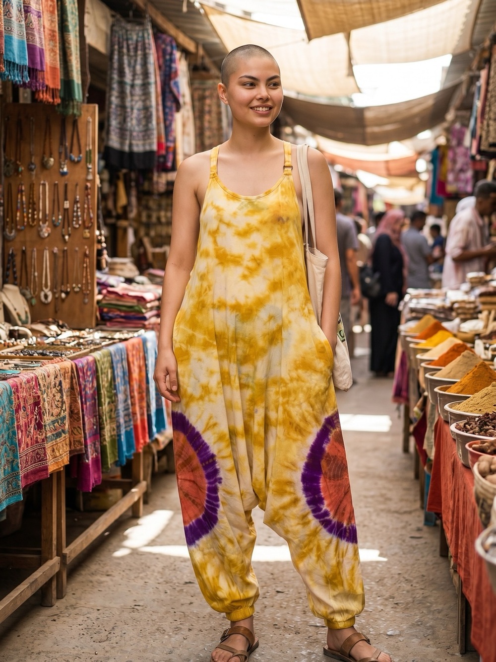 Himalaya handmade Tie-Dye Yellow low Crotch Overalls. Women's Relaxed fit NWOT - Picture 2 of 6